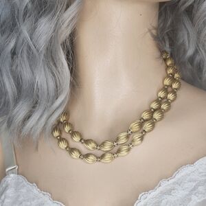 70s Monet Gold-Toned Double Strand Ribbed Barrel Bead Vintage Necklace 16"